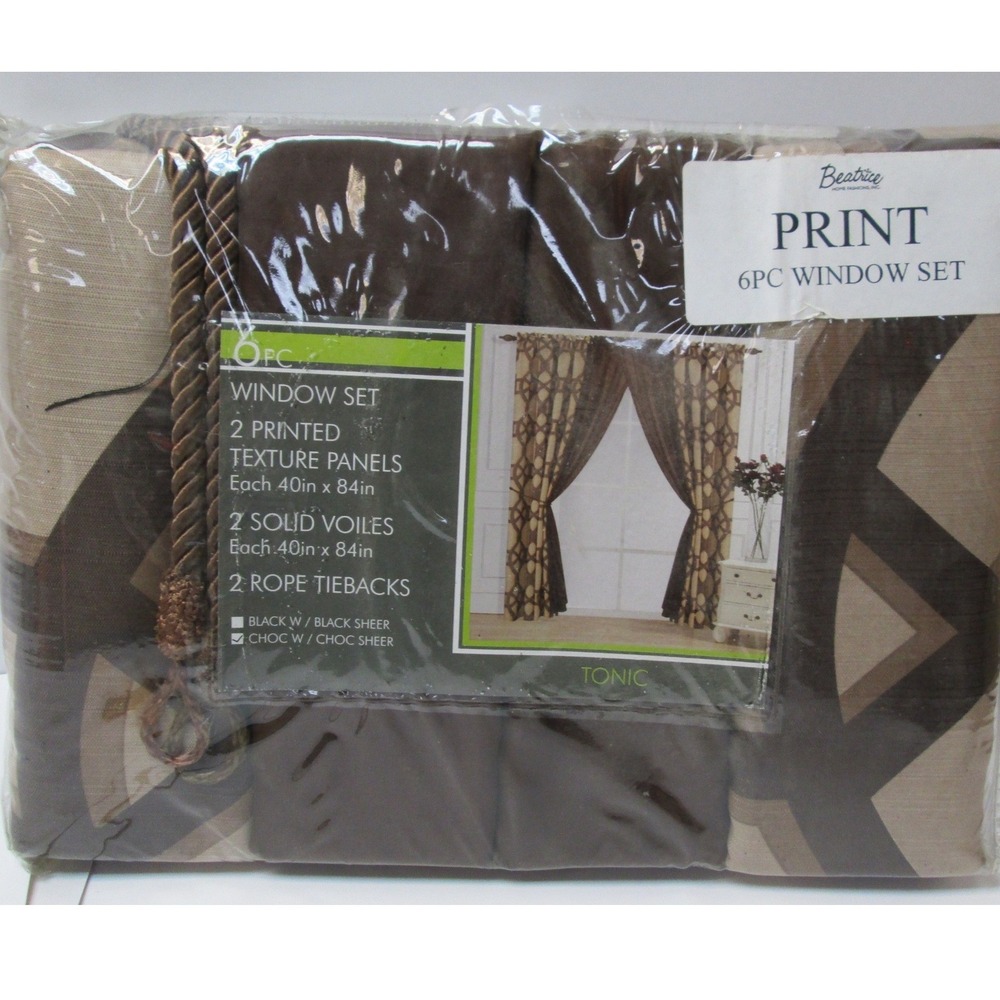 NEW Beatrice Home Fashions Inc 6pc Window Set Chocolate Brown w/ Chocolate Sheer
